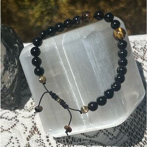 HM092 Black Agate & Tigers Eye Bracelet Adjustable macrame closure